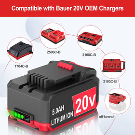 FSKE battery compatible with Bauer 20V tools and chargers.