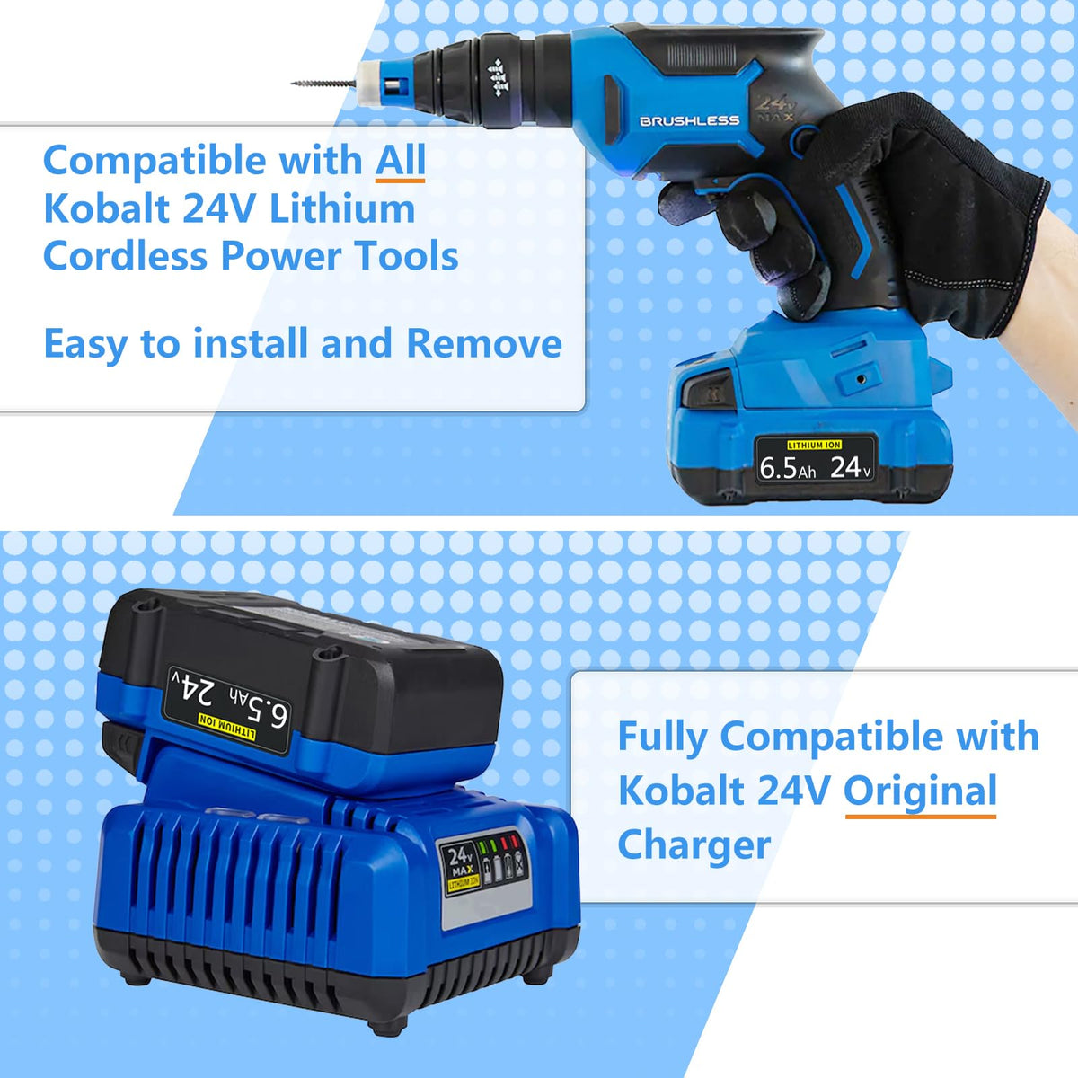 FSKE 6500mAh battery side label shows capacity and compatibility with Kobalt 24V
