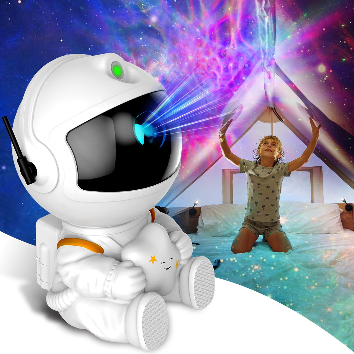 FSSQBFLC Astronaut Galaxy Projector casts nebula patterns for calming bedroom ambiance