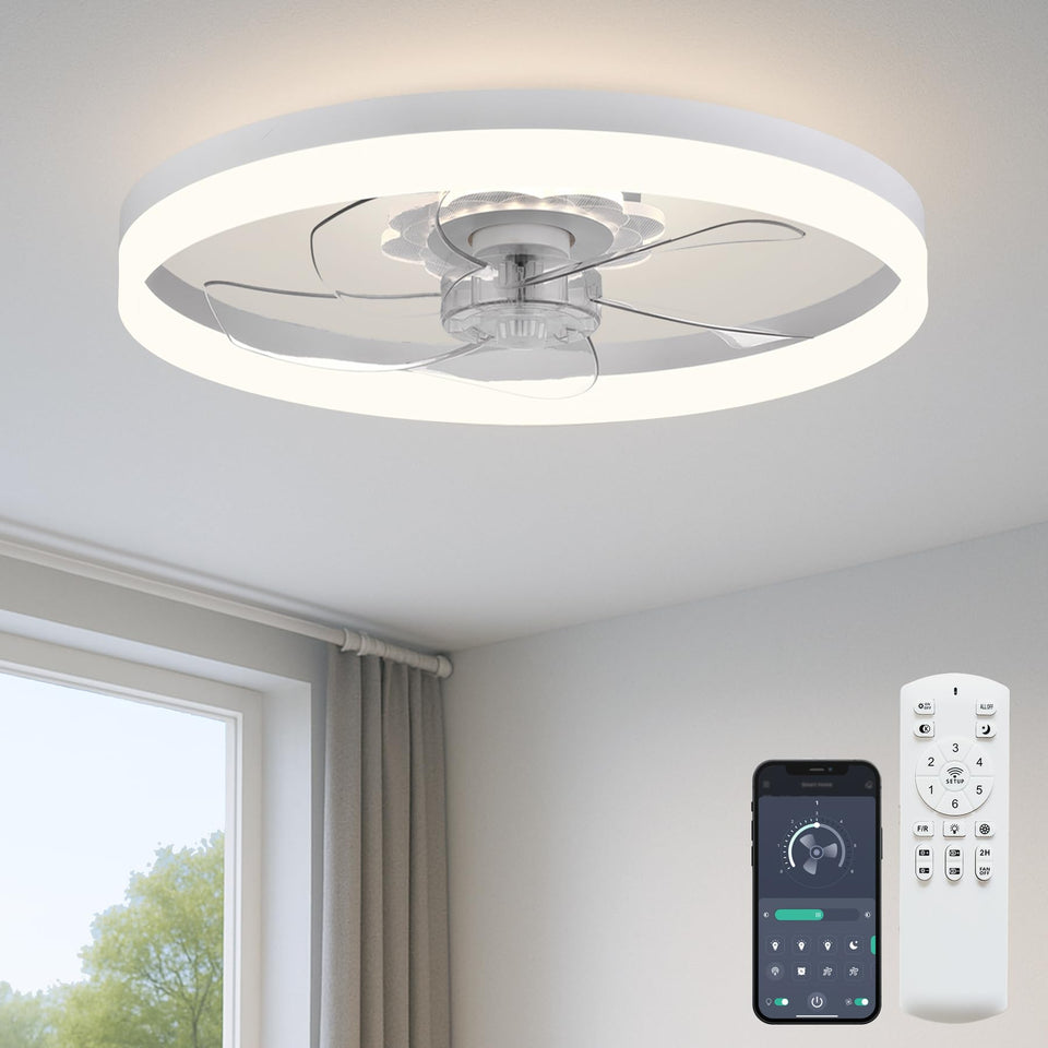 Fszdorj 20-inch ceiling fan with light, front view in white finish for bedroom comfort