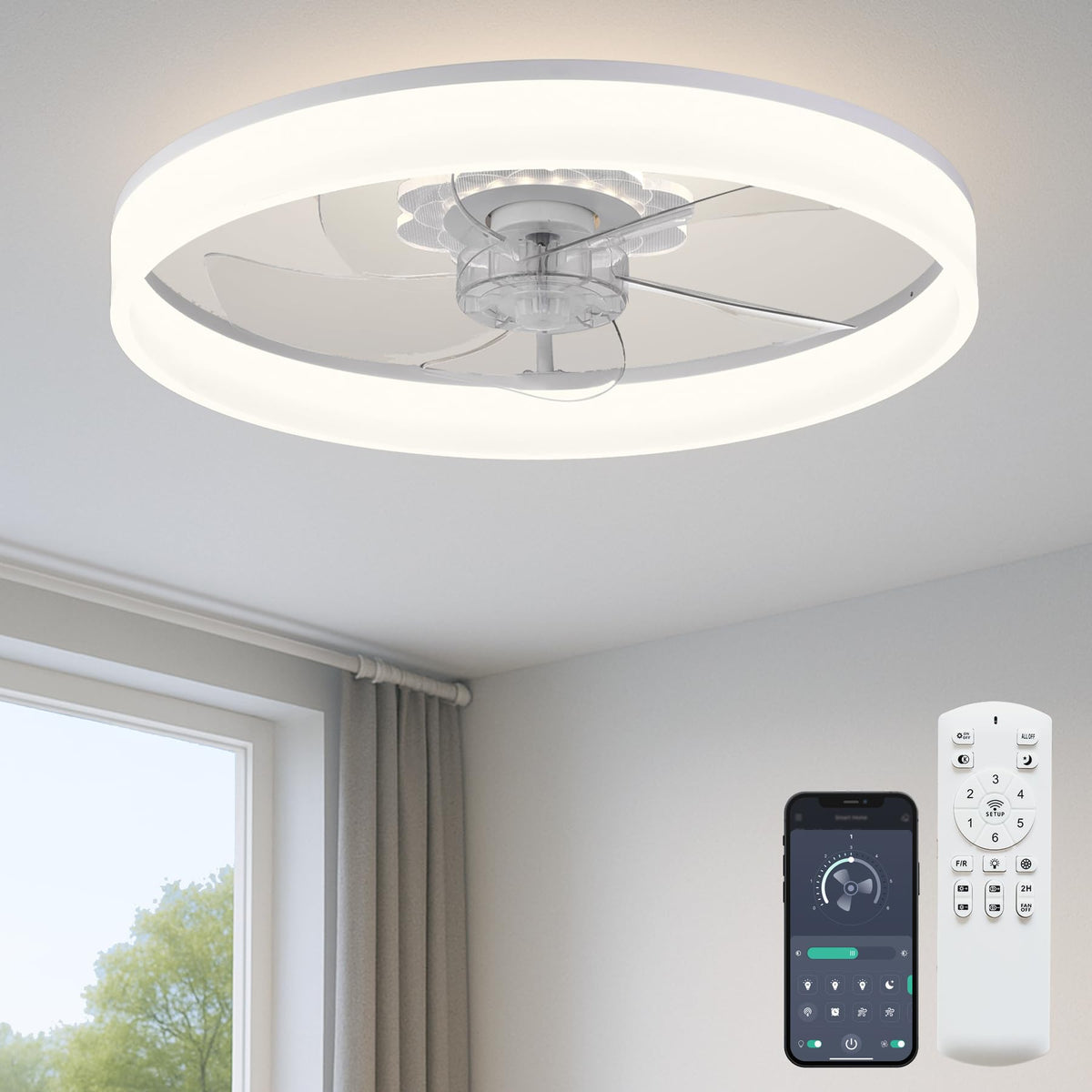 Fszdorj 20-inch ceiling fan with light in a compact bedroom for space-saving cooling.