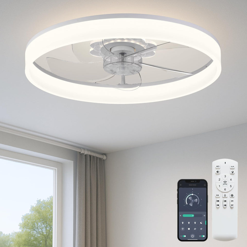 Fszdorj 20-inch ceiling fan with light in a compact bedroom for space-saving cooling.
