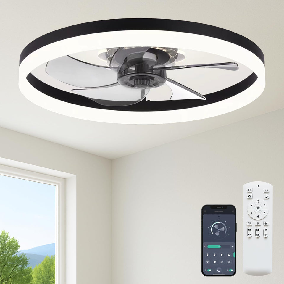FSZDORJ 23.6-inch ceiling fan with light in action; efficient flush-mount cooling for living rooms.