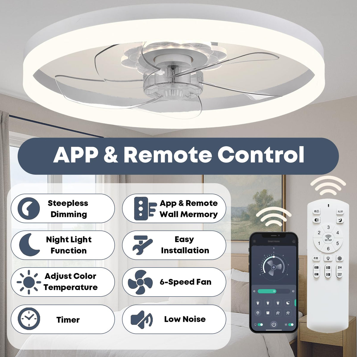 FSZDORJ ceiling fan with dimmable LED for customizable brightness.