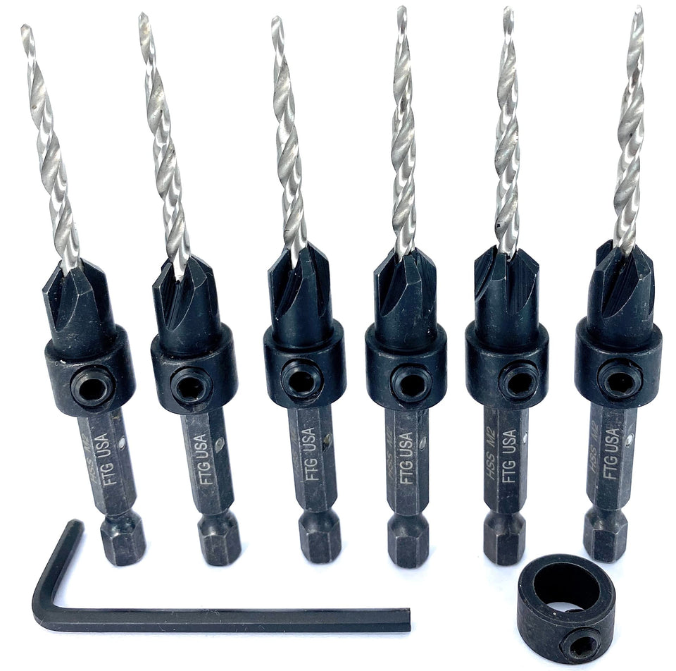 FTG USA 6 Pc countersink set with depth stop collar for precise wood screw seating