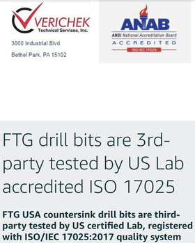 FTG USA laser-etched brand on each countersink bit for easy ID