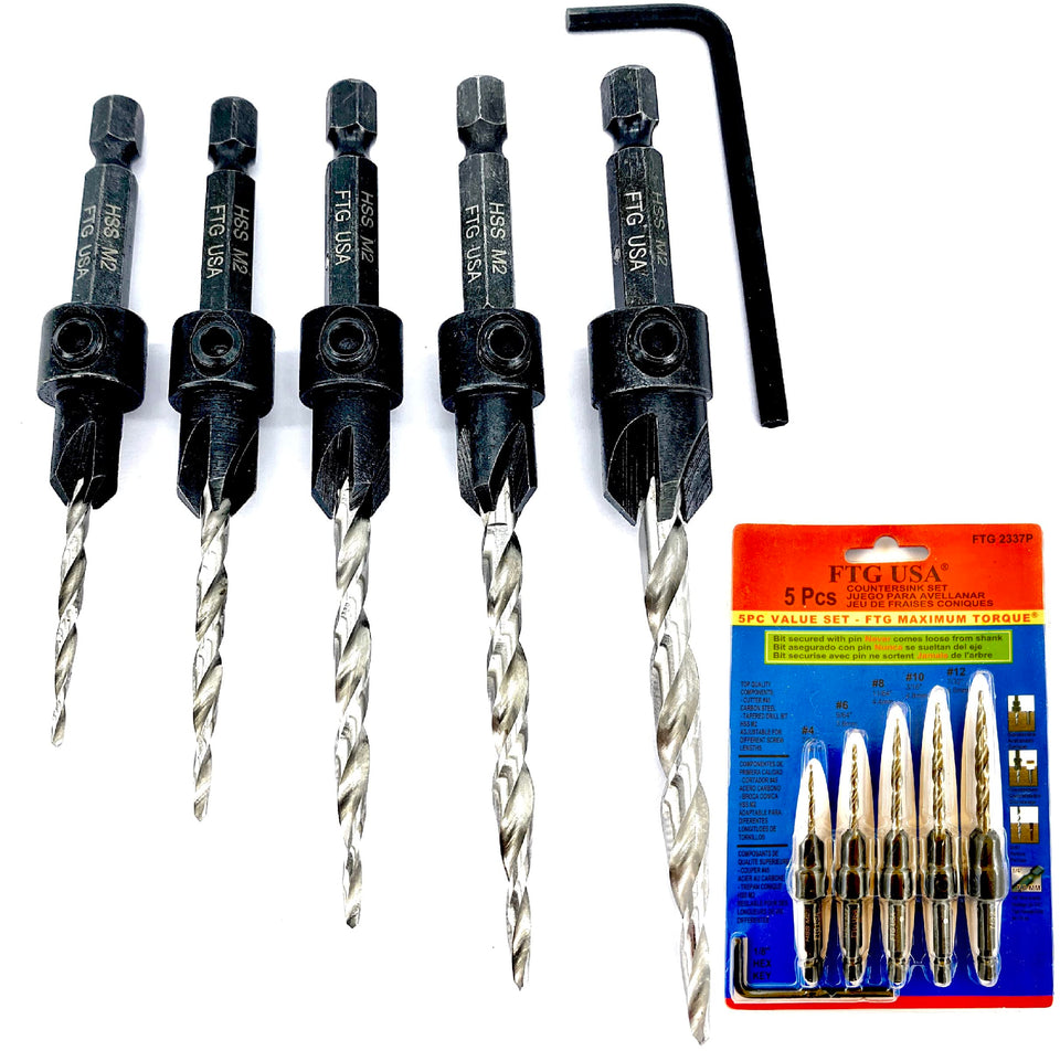FTG USA countersink bits set 5pc for quick wood drilling and flush results.