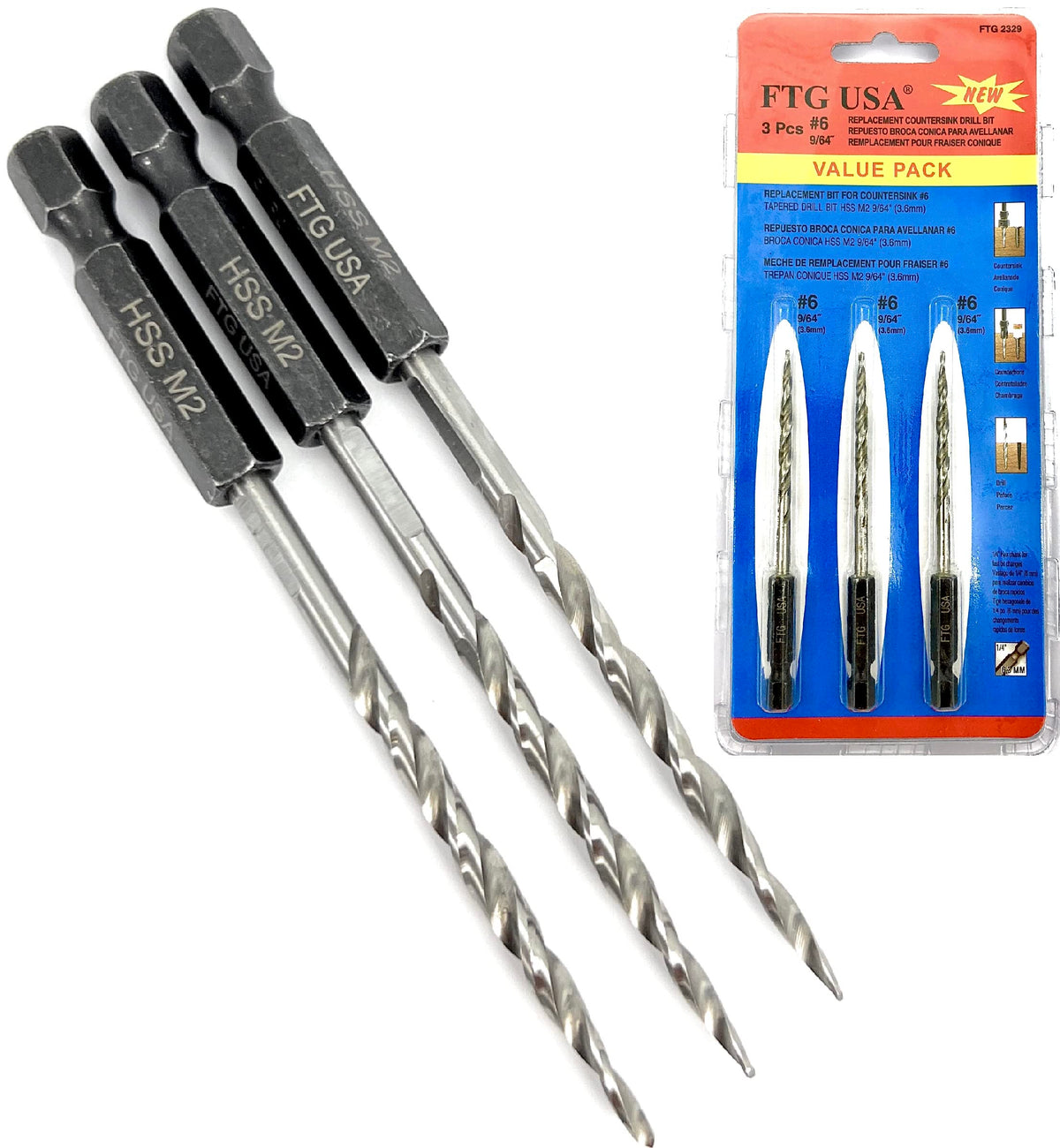 FTG USA replacement tapered countersink bit with hex shank for quick changes