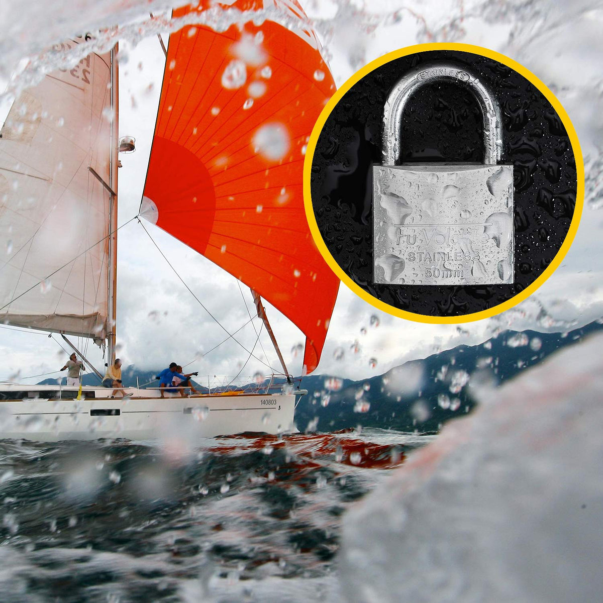 Fu Volante rustproof padlock features a long shackle for hasp compatibility.