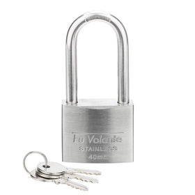Fu Volante stainless steel padlock body demonstrating rustproof durability for outdoor use.