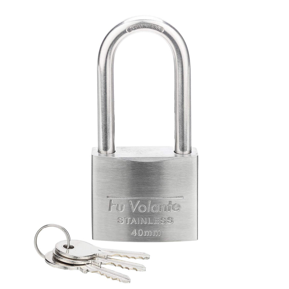 Fu Volante stainless steel padlock body demonstrating rustproof durability for outdoor use.