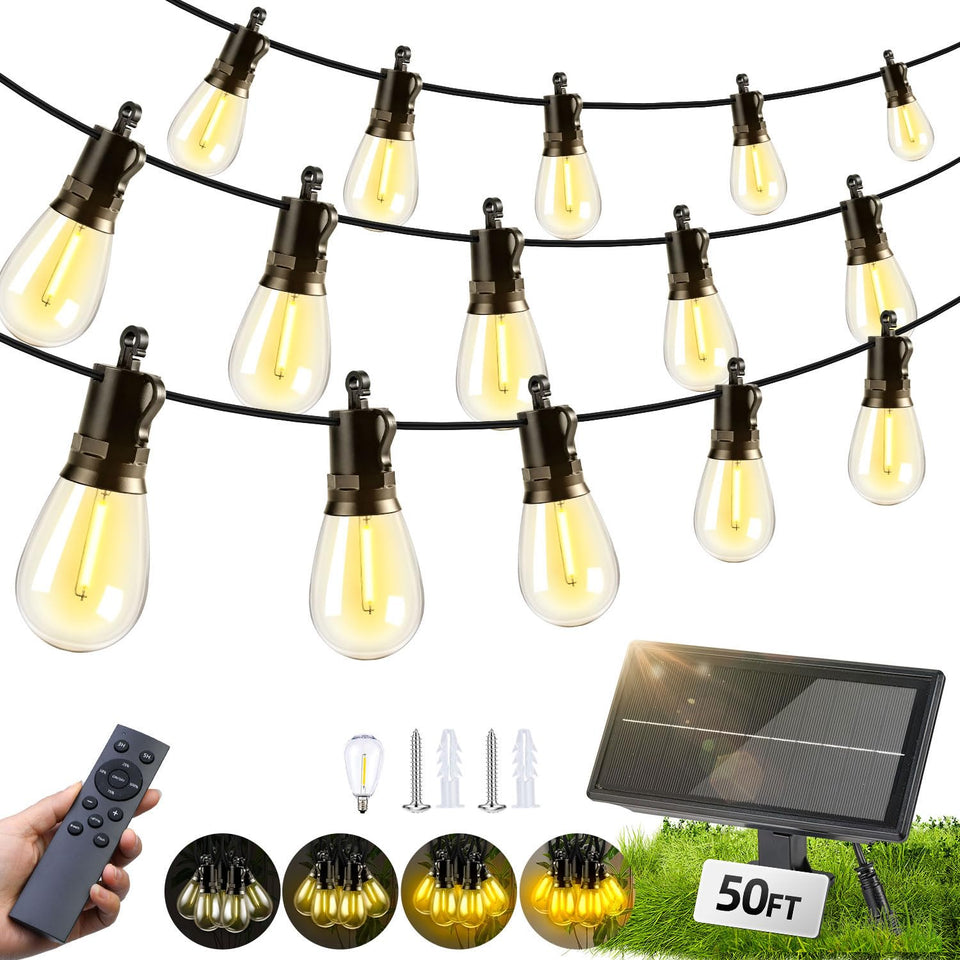 FUANXIEI S14 50ft solar string lights illuminate patios with energy-efficient lighting for evenings outdoors.