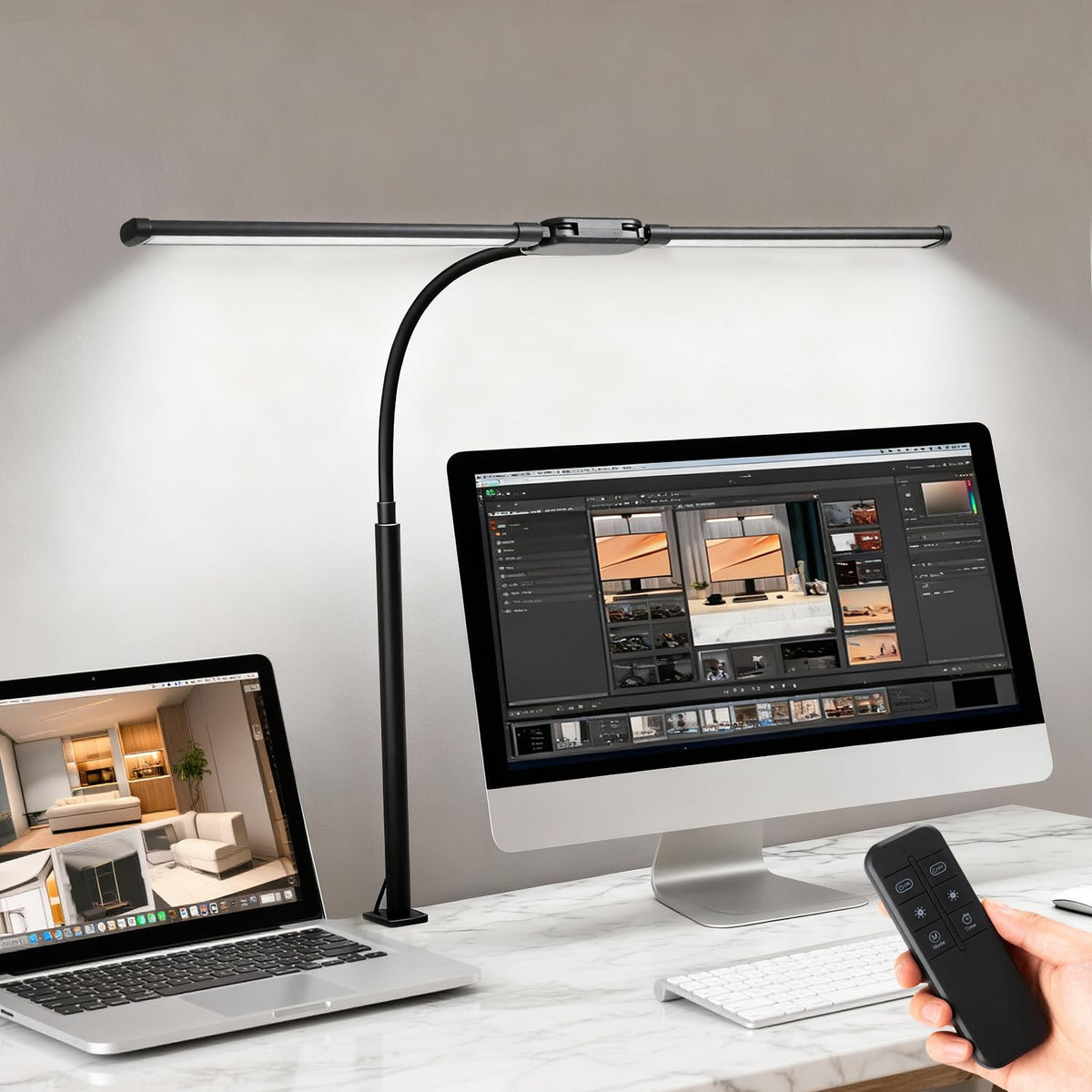 Fuaoddda LED Desk Lamp dual-head design delivers bright, even lighting for large desks and multiple screens.