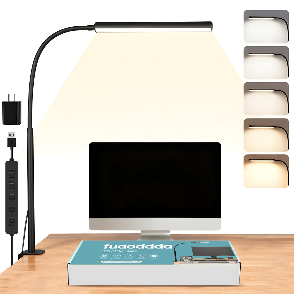 fuaoddda small LED desk lamp with clamp provides space-saving desk lighting.