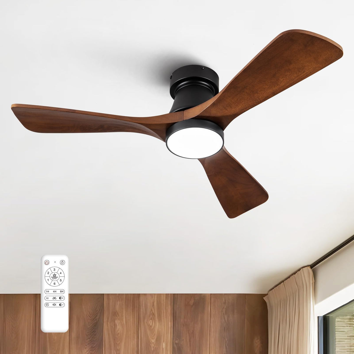 FUJIBONNY 42-inch ceiling fan design with wood blades and integrated light