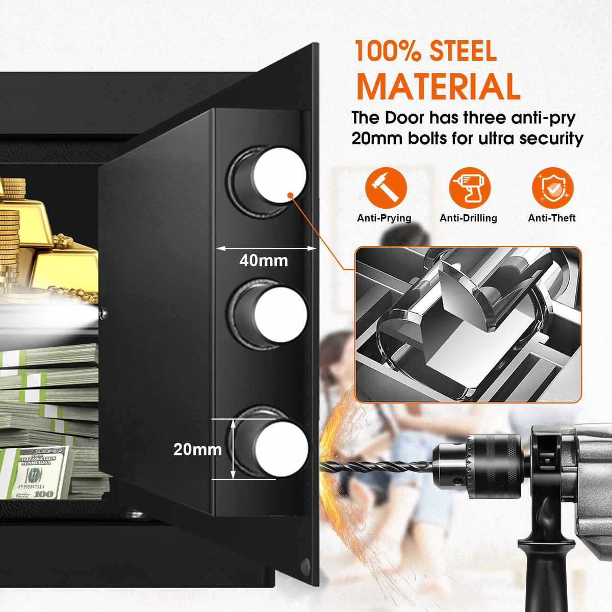 FULCYOVT fire safe box with 20mm locking bolts enhances security and durability.
