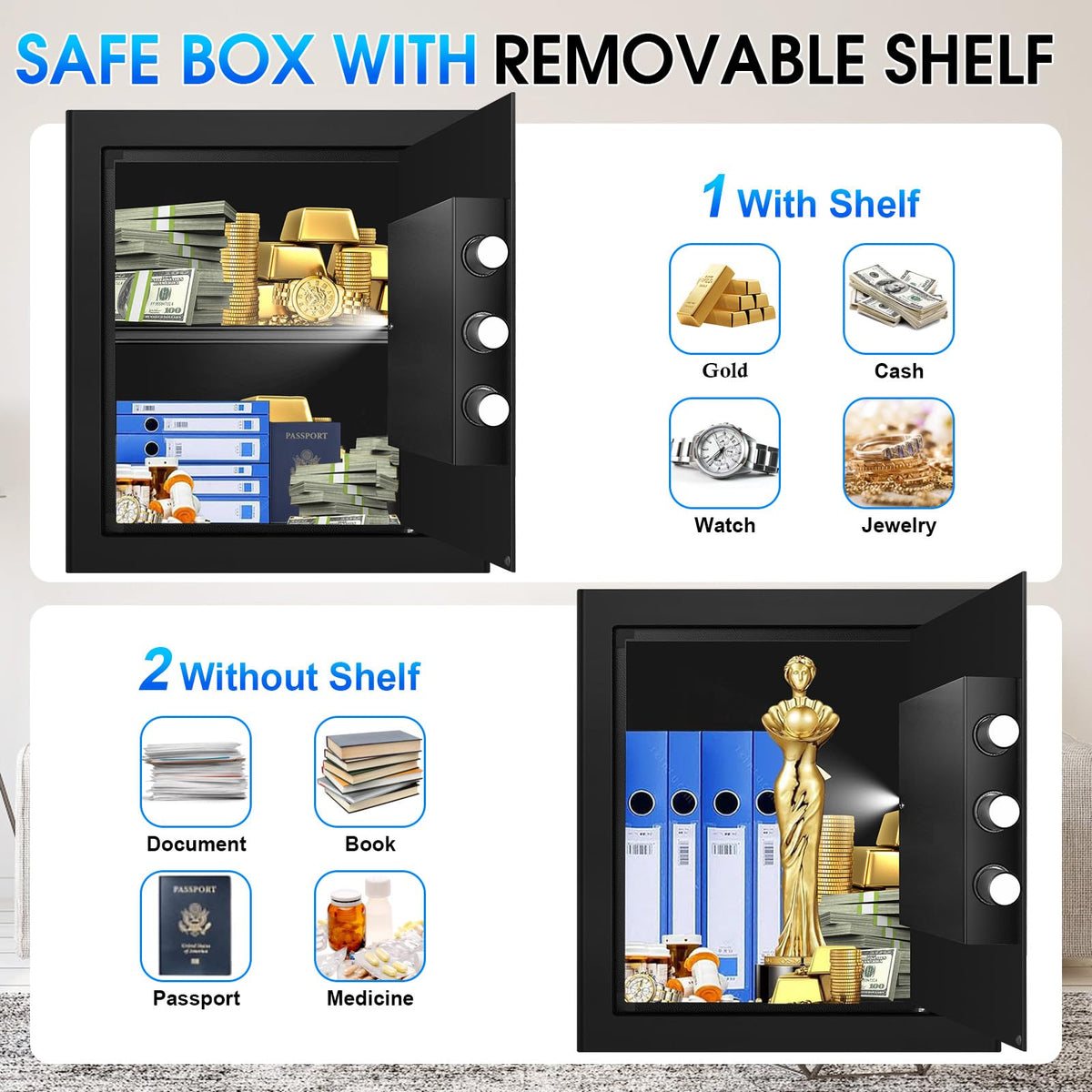 Fulcyovt fireproof safe with three 20 mm locking bolts for durable protection