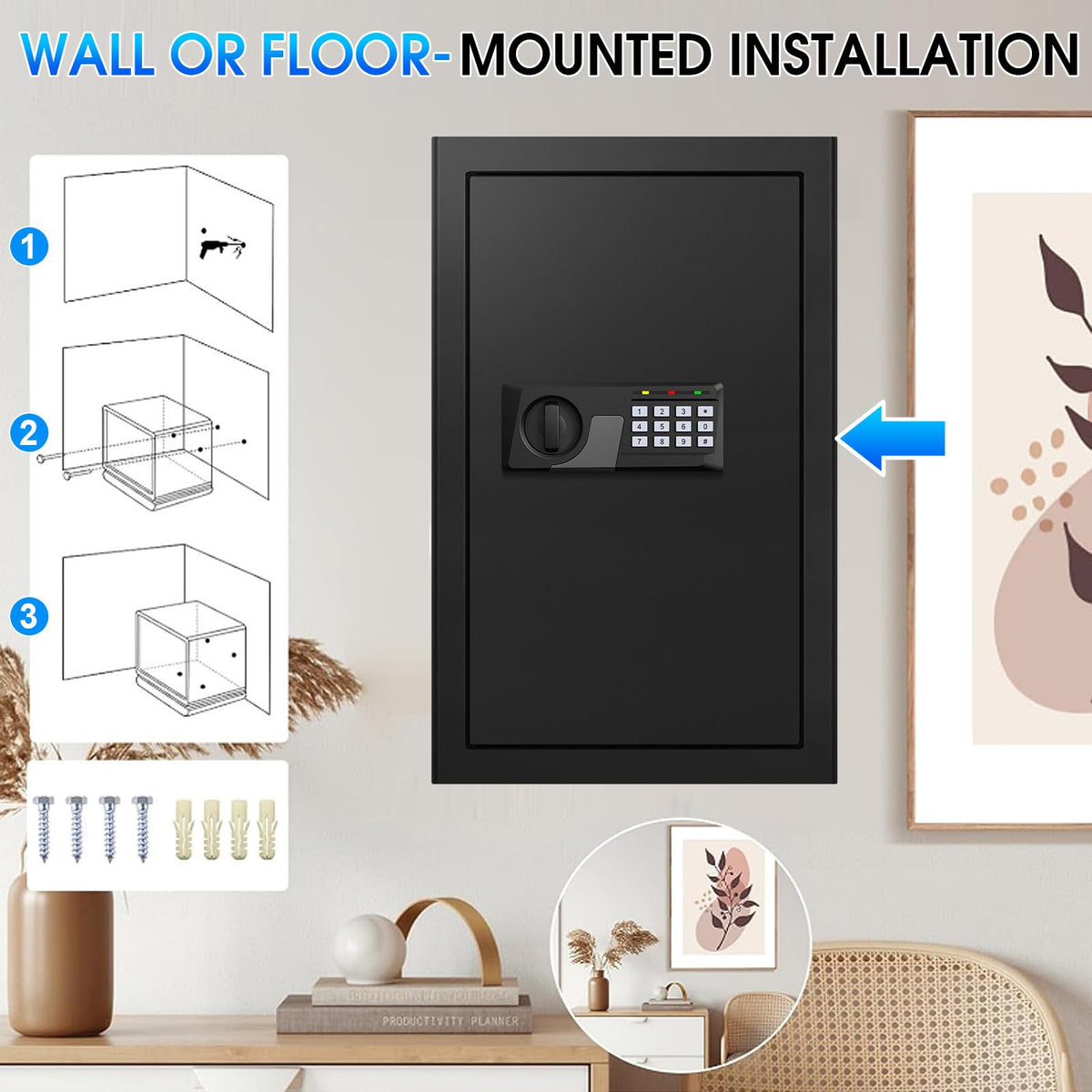 Anchoring options for floor, wall, or closet installation of FULCYOVT safe