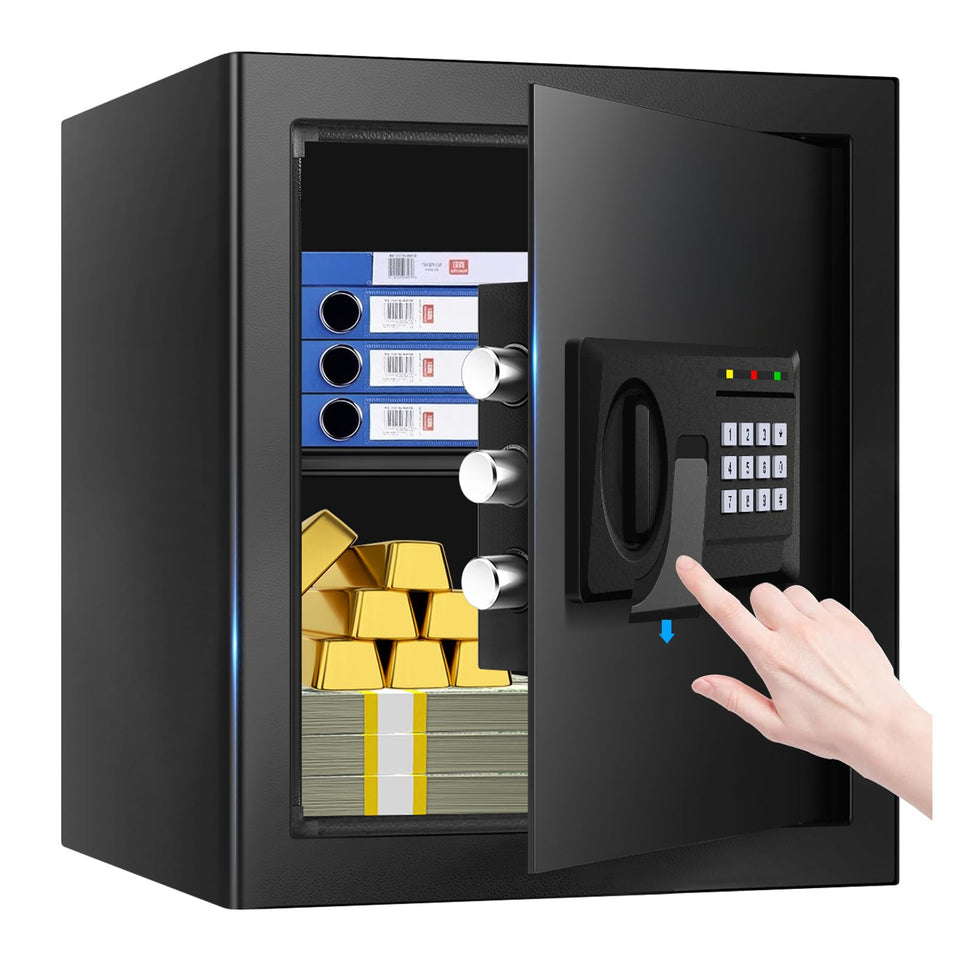 Fulcyovt fireproof safe front view showing compact home protection for documents and cash securely