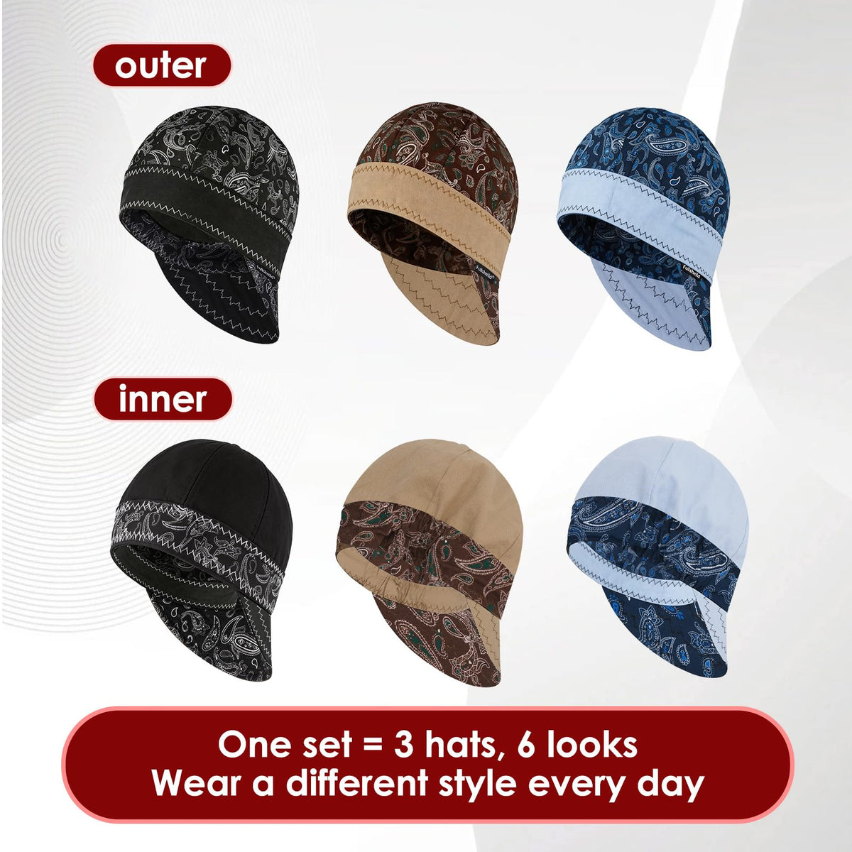 Fullsheild paisley-pattern welding cap adds stylish flair on the job.