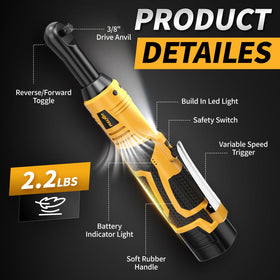 FULLYEA 3-8-in cordless ratchet wrench with extended head enables reach in confined areas.