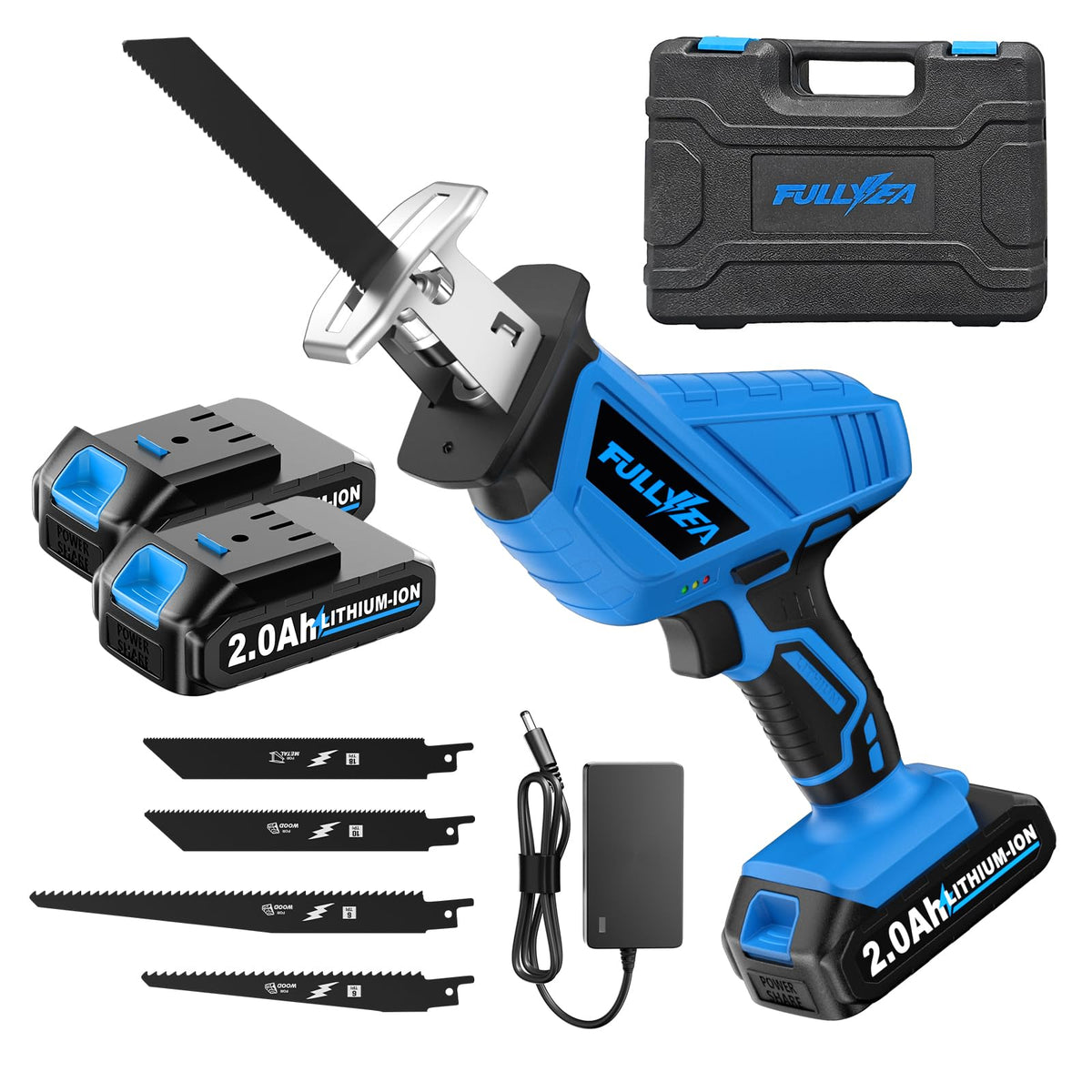 FULLYEA cordless reciprocating saw front view in blue housing for precise cuts.