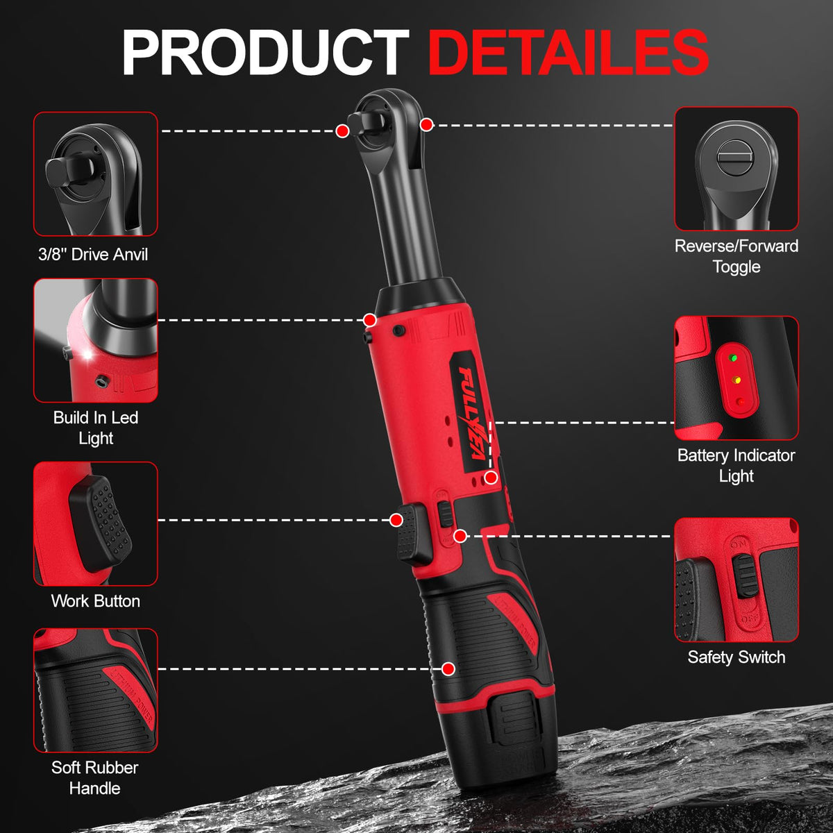 FULLYEA ratchet wrench with LED light illuminating work area.