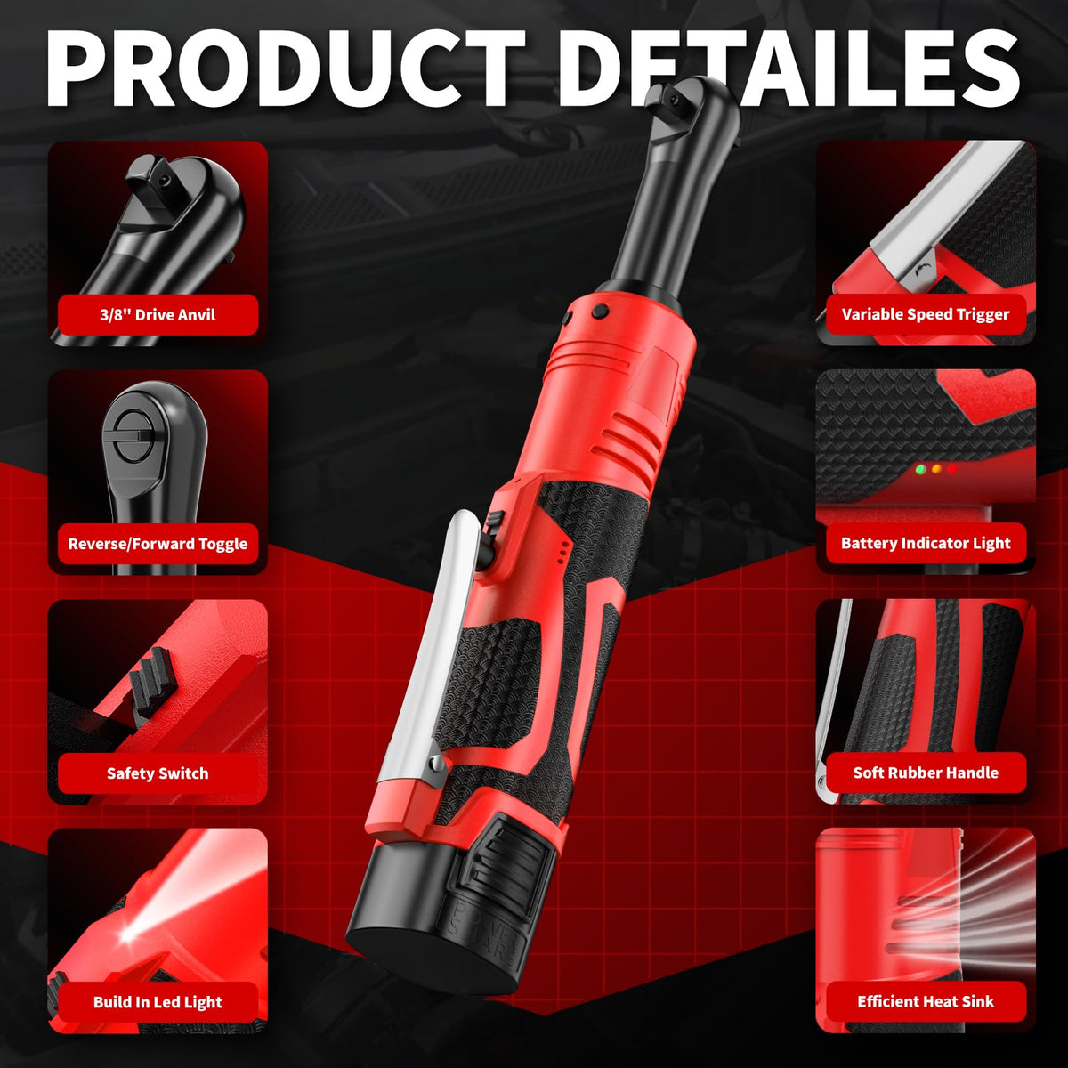 FULLYEA cordless ratchet wrench with LED light in dim workspace