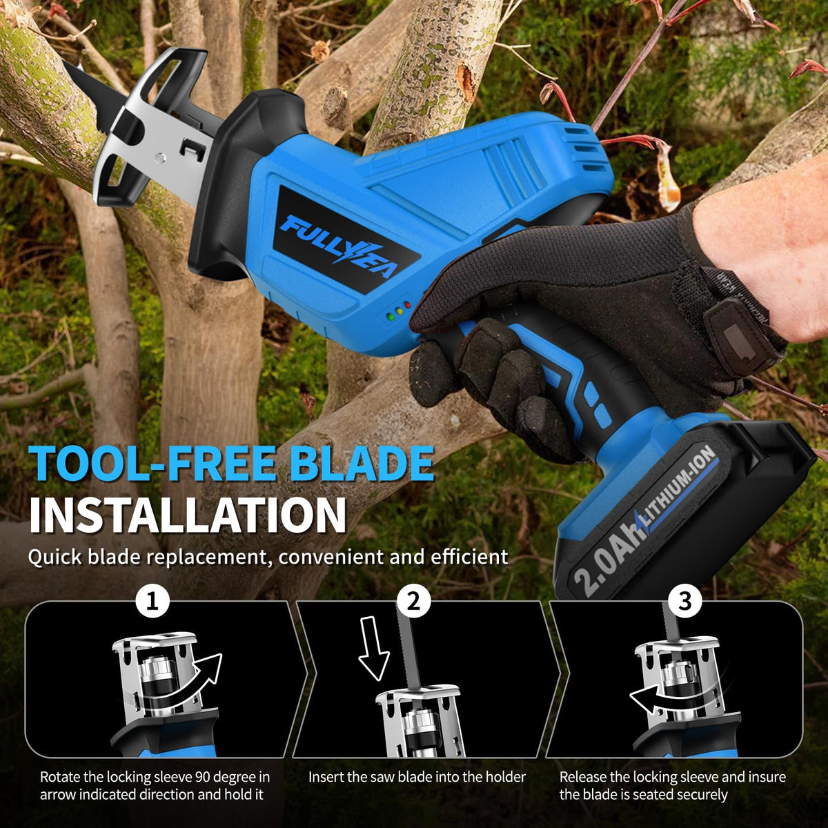 FULLYEA tool-free blade-change clamp demonstrates instant blade swap.