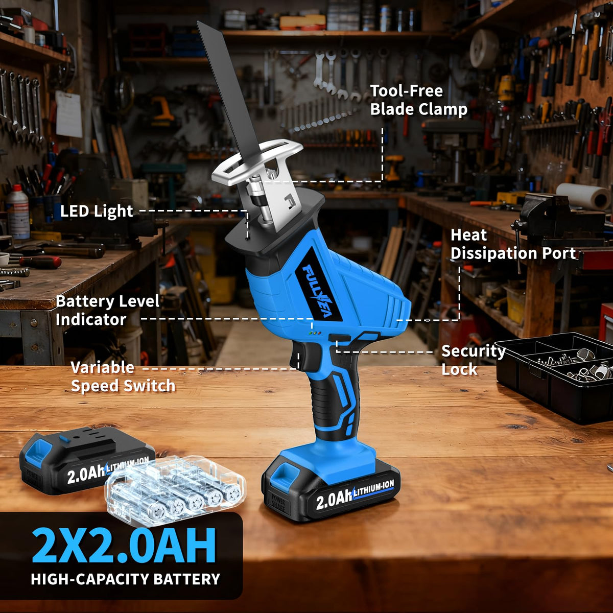 FULLYEA reciprocating saw with four blades pack for versatile material cutting.