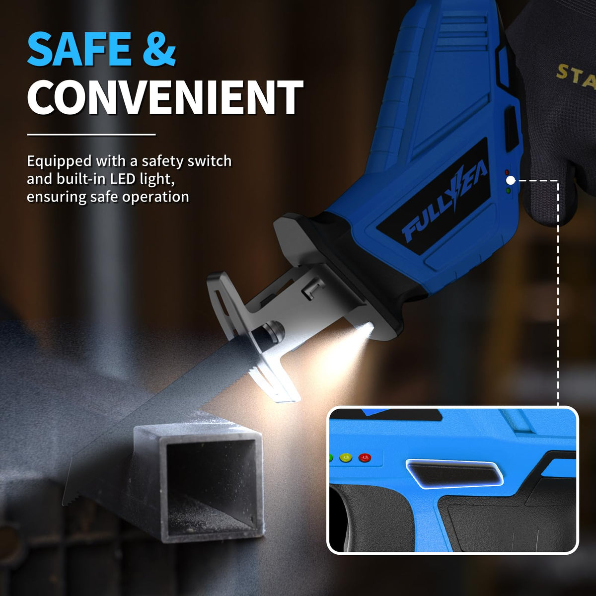 FULLYEA safety switch image showing anti-start protection during handling.