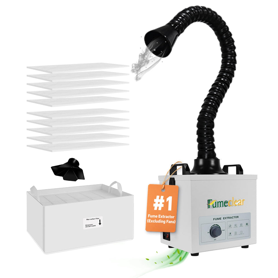 FumeClear desktop soldering setup with compact unit reducing fumes at the workstation