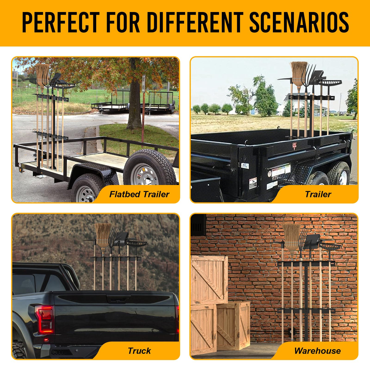 Fumingpal six-tool rack securely holds shovels and rakes for transport.