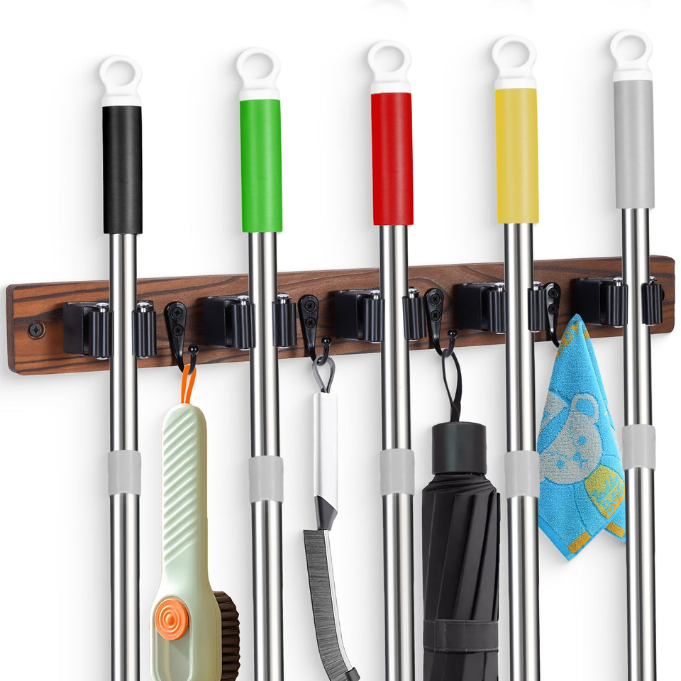 FunCee broom holder wall mount with five slots keeps long-handled tools organized and accessible