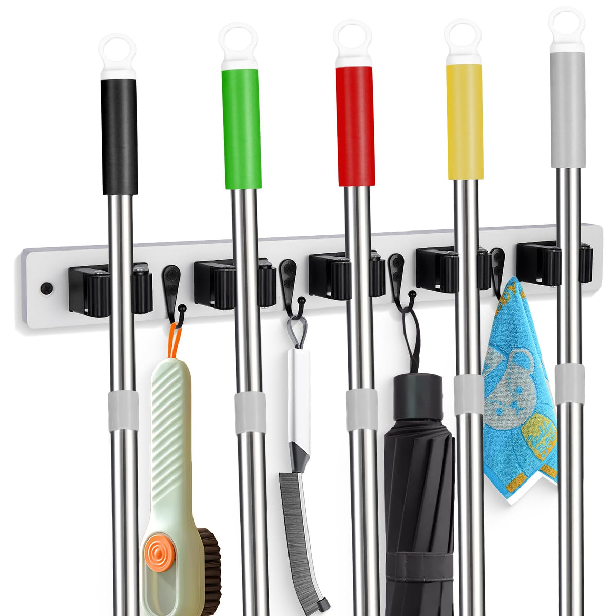 FunCee broom holder wall mount with five slots and four hooks for easy storage.