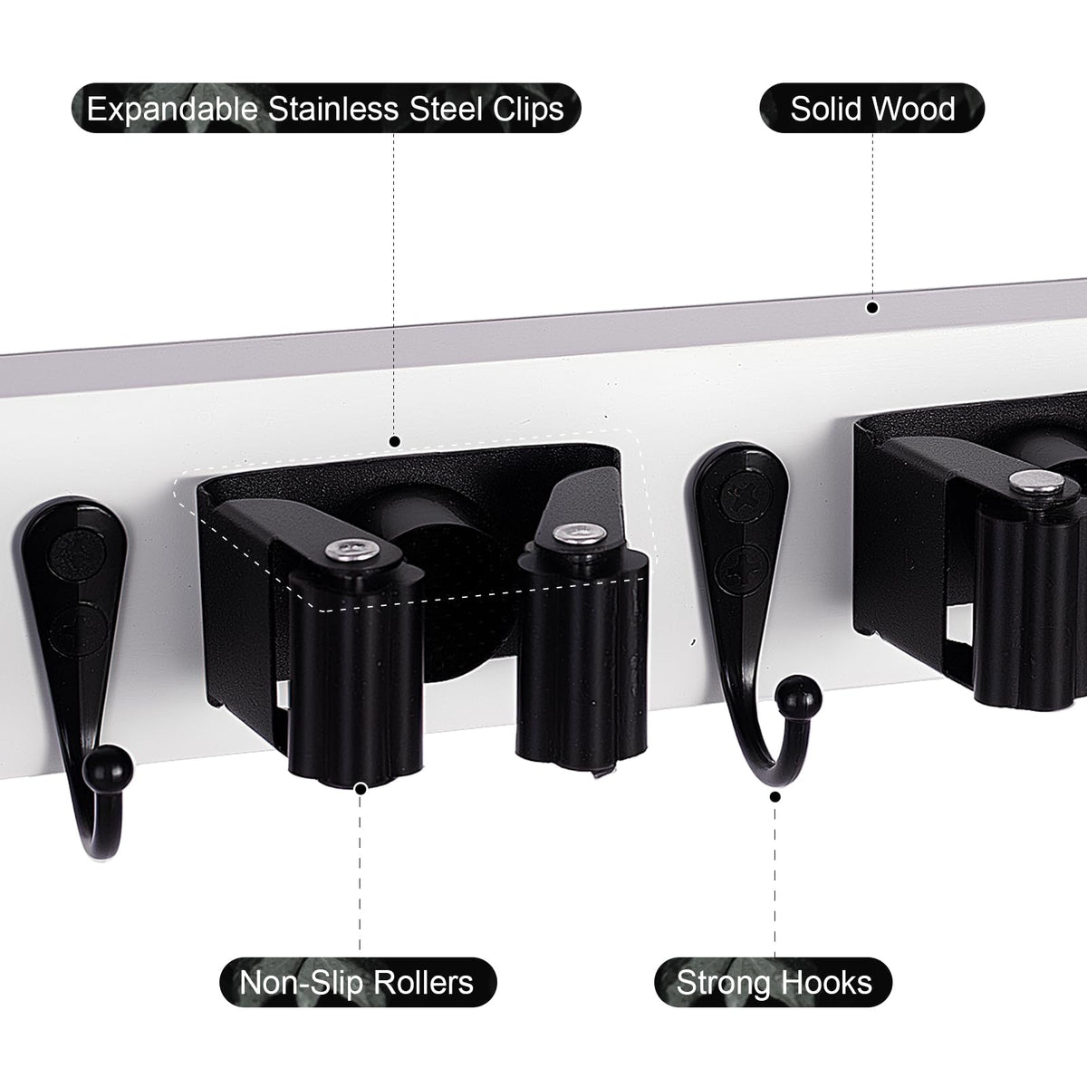 FunCee durable stainless steel hooks keep long-handled tools secure.