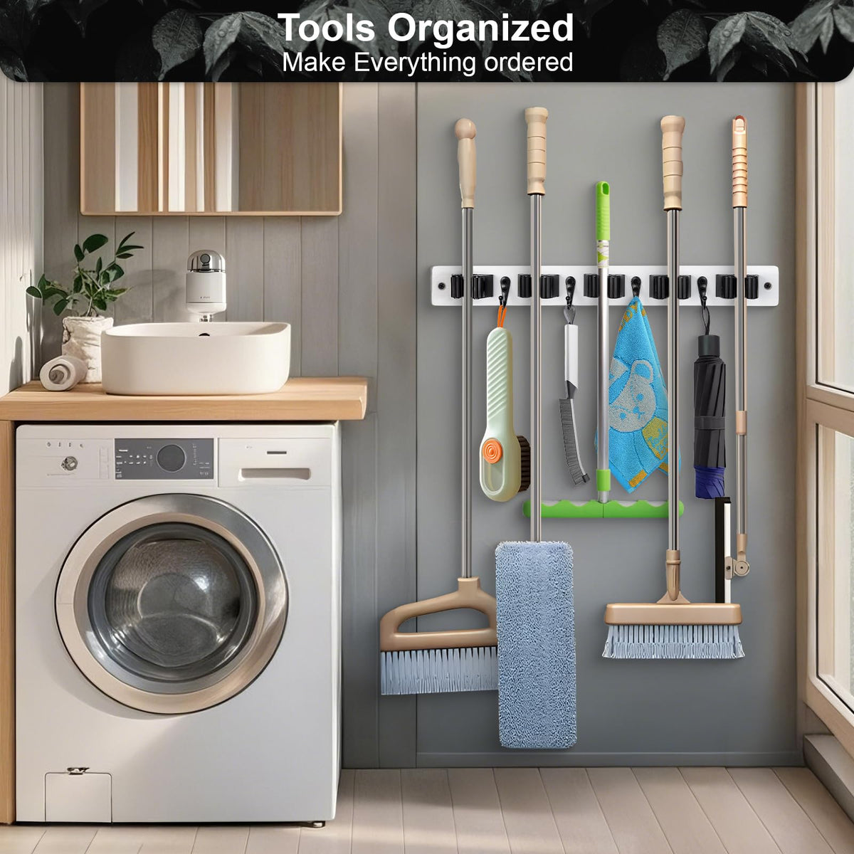 FunCee rustic wood look organizer on wall adds farmhouse charm while tidying tools.