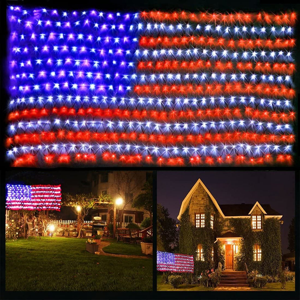 Funiao US flag lights net with 420 LEDs for vibrant outdoor display.
