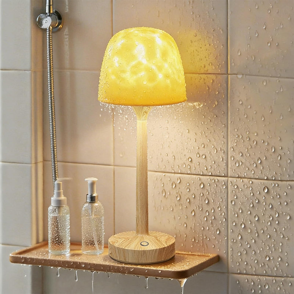 Funlenry Shower Lamp with wood-grain finish adds warm ambiance to any bathroom.