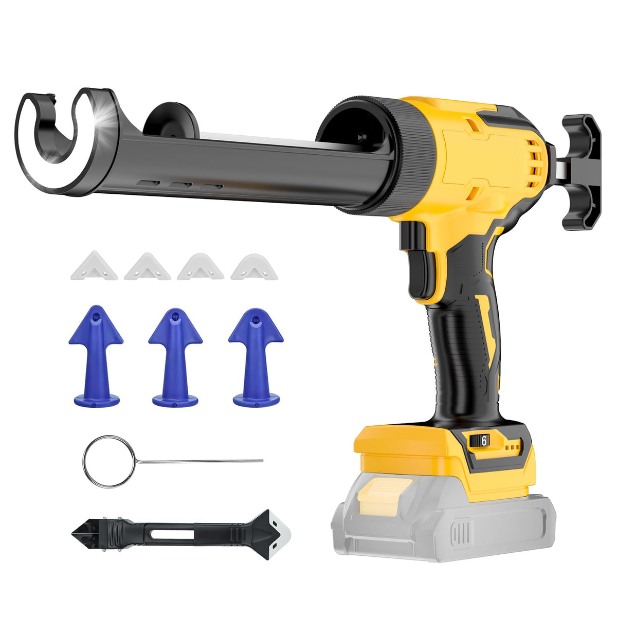 Funnywhale cordless caulking gun with LED light in action for precise corner sealing.