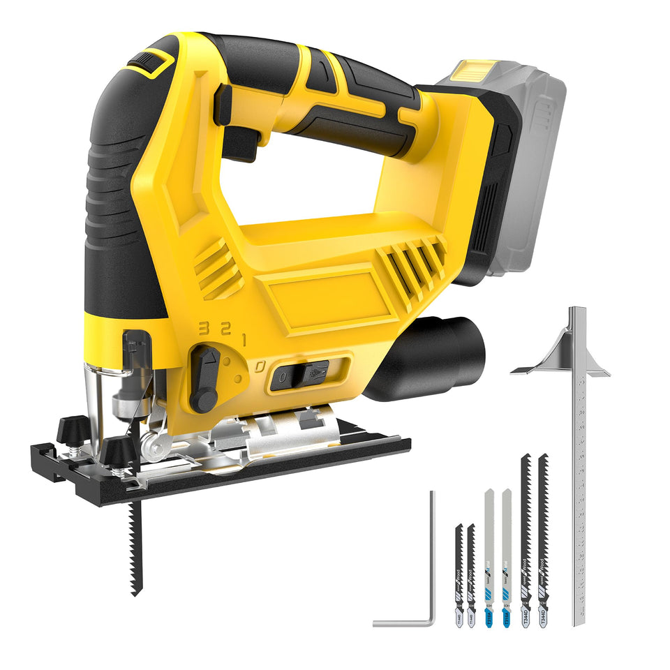 Funnywhale cordless jigsaw with dust blower for clean, precise cuts.