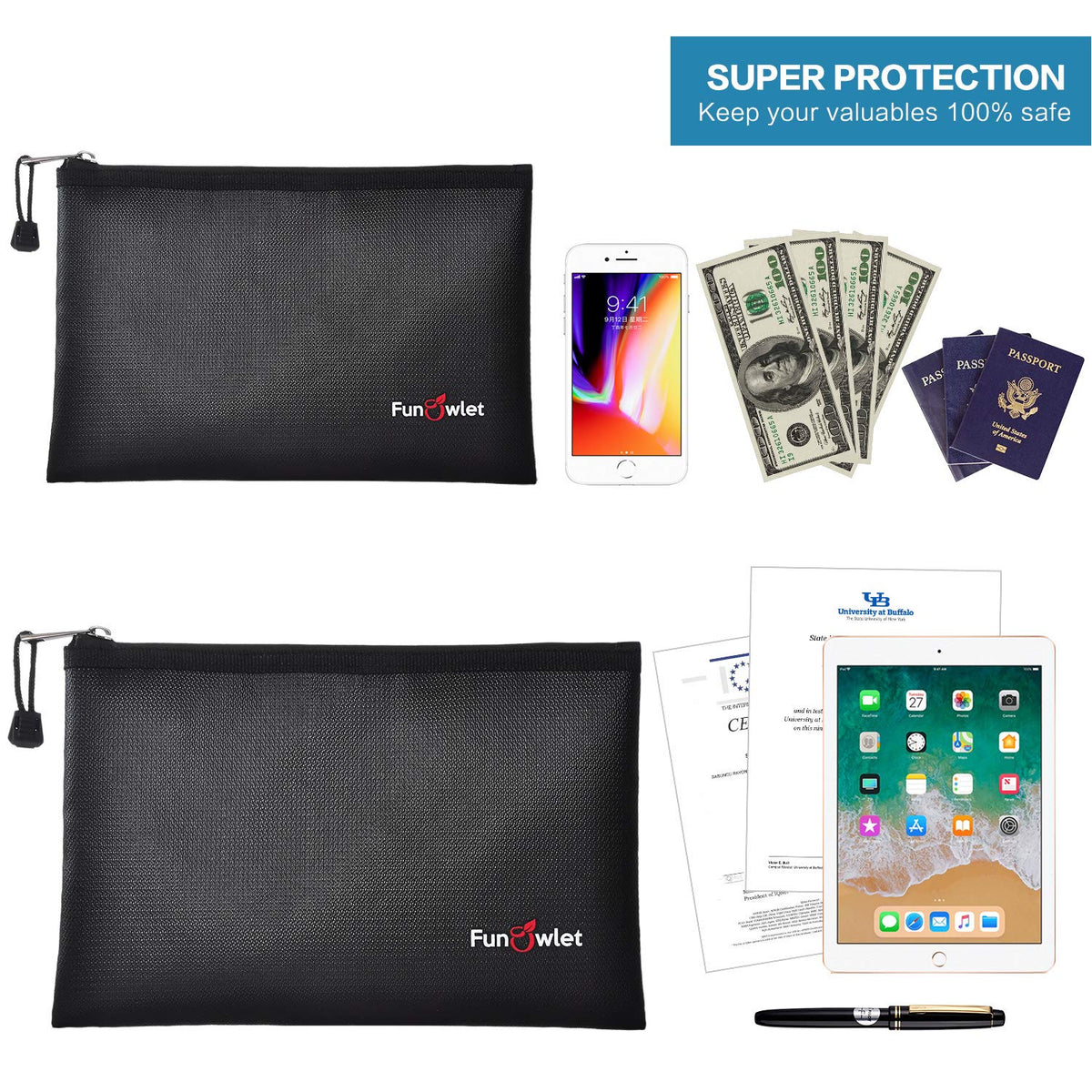 FunOwlet bag showing items like cash and passport ready for travel.