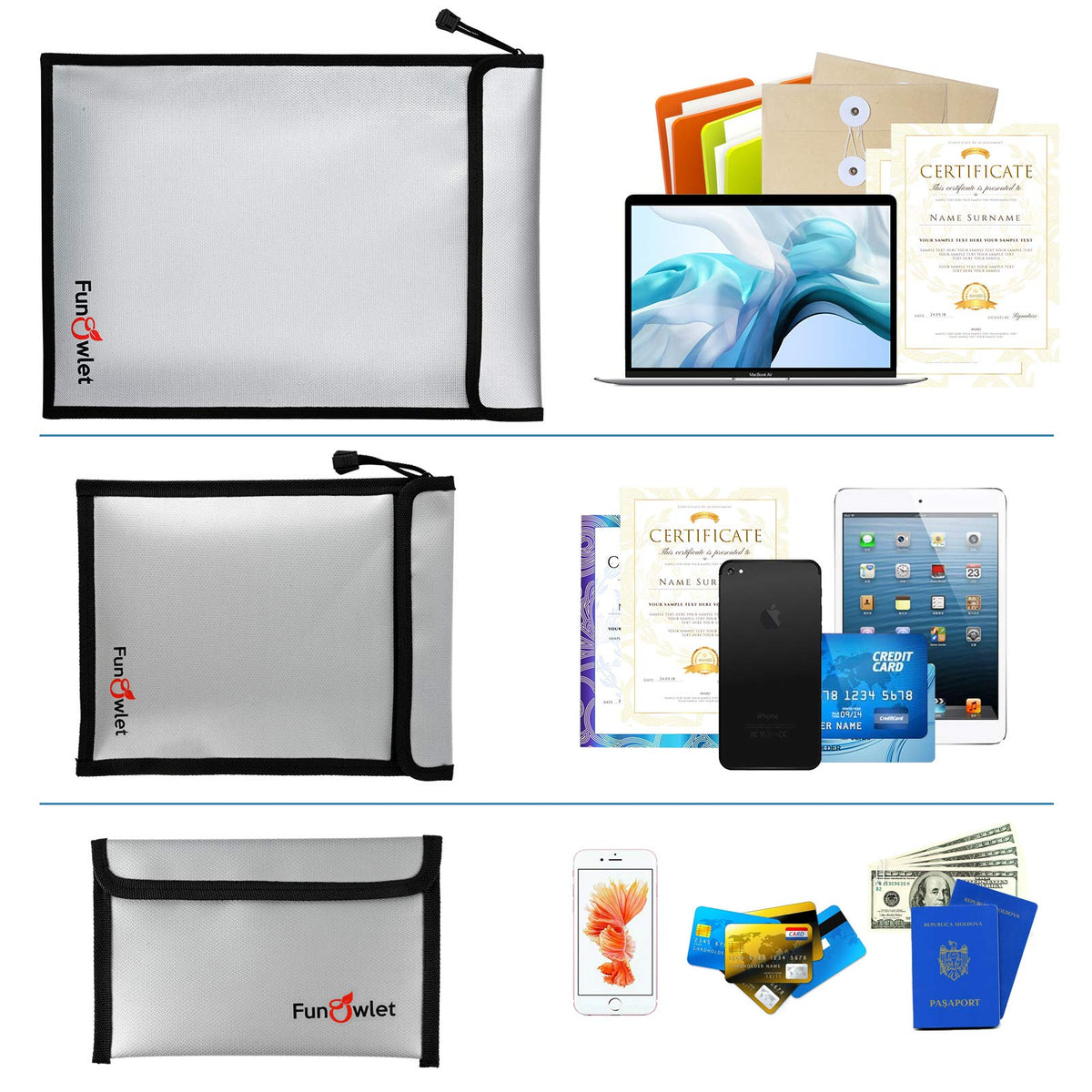 Safe storage for wills, passports, and cash in FunOwlet pouch.