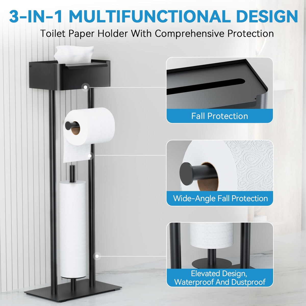 FUNPALA toilet paper holder stand accommodates four rolls for fewer refills.
