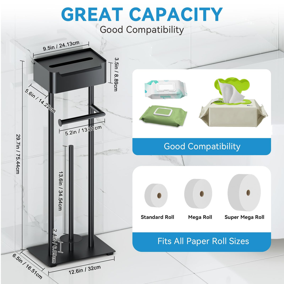 FUNPALA toilet paper holder stand features no-drill setup for easy placement.