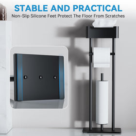 FUNPALA toilet paper holder stand shows a top storage shelf for essentials.