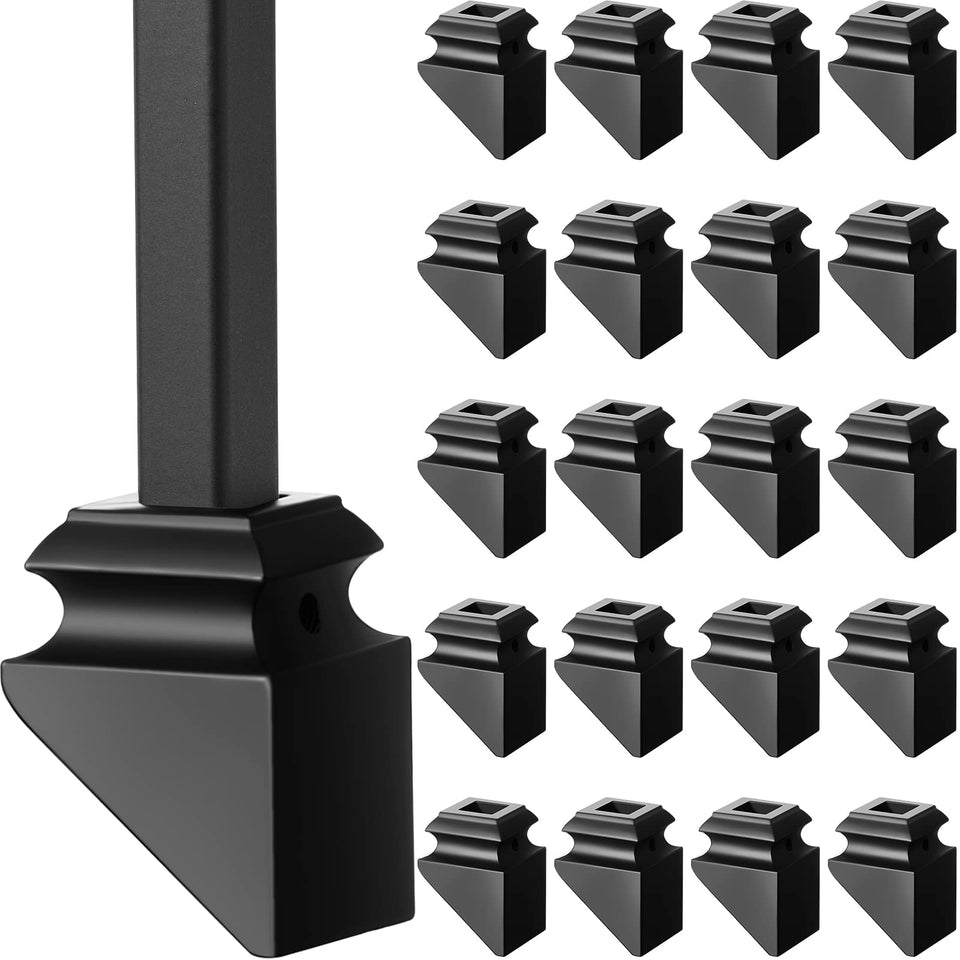 Funrous iron baluster shoes satin black front view for secure stair rail connections.