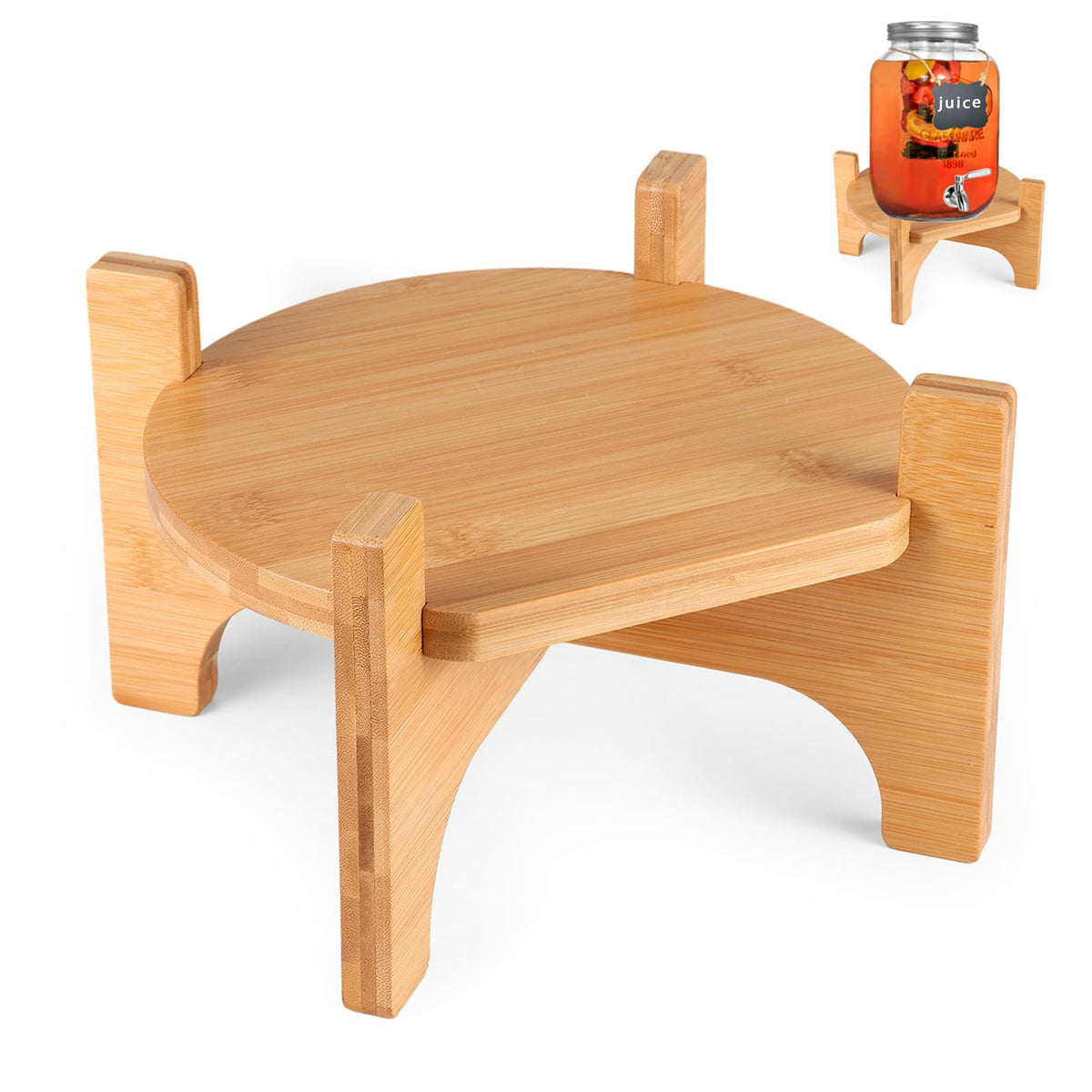 FUREEY bamboo drink dispenser stand in natural finish on table for elegant entertaining