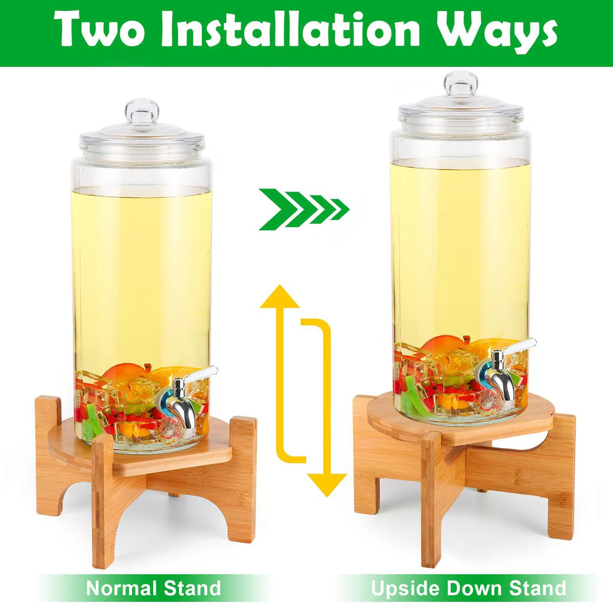 FUREEY bamboo stand supports glass dispensers for easy serving