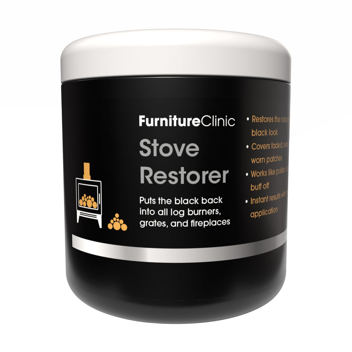 Furniture Clinic Stove Restorer applying action to metal for renewed matte black finish on cast iron.